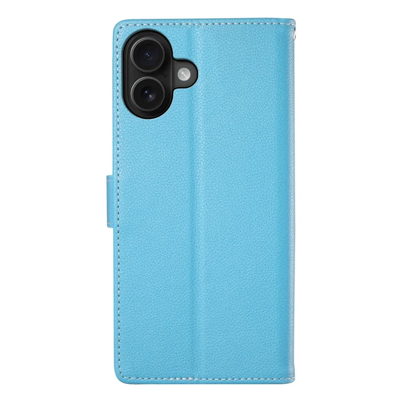 DF-012 For iPhone 16 Plus Case Litchi Texture Leather Wallet Stand Phone Cover - Sky Blue