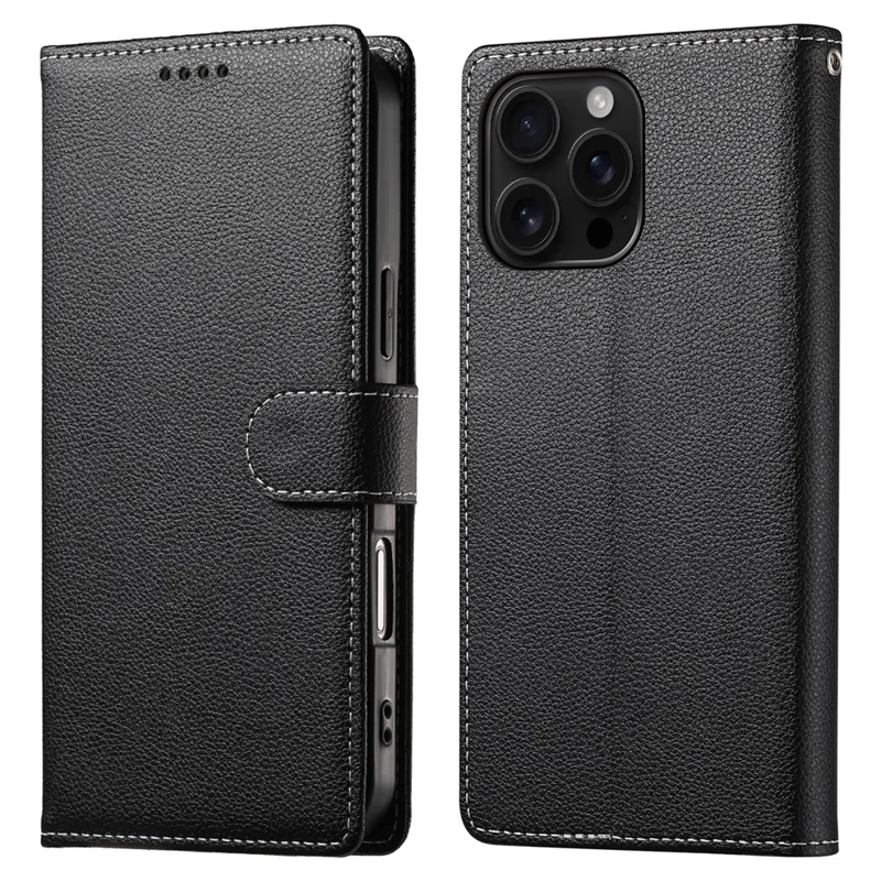DF-012 Für iPhone 16 Pro Max Hülle Ledertasche mit Brieftaschenfunktion und Ständer - Schwarz