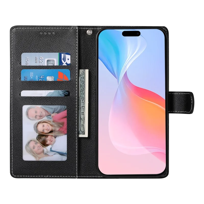 DF-012 Für iPhone 16 Pro Max Hülle Ledertasche mit Brieftaschenfunktion und Ständer - Schwarz