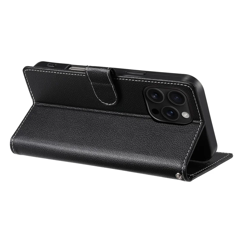 DF-012 Für iPhone 16 Pro Max Hülle Ledertasche mit Brieftaschenfunktion und Ständer - Schwarz
