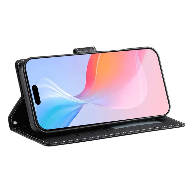 DF-012 Für iPhone 16 Pro Max Hülle Ledertasche mit Brieftaschenfunktion und Ständer - Schwarz