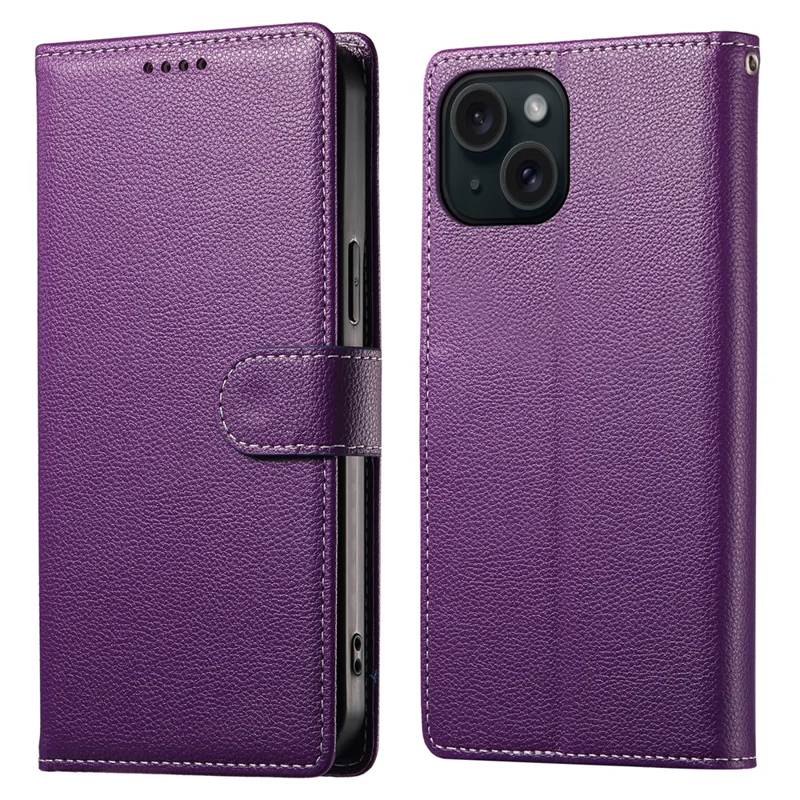 DF-012 Für iPhone 15 Hülle mit Lederstruktur im Litchi-Design, Magnetverschluss, Brieftasche und Ständer - Lila