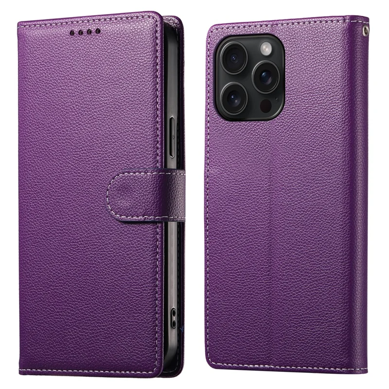 For iPhone 15 Pro Case Litchi Texture Leather Wallet Phone Cover Magnetic Snap - Purple