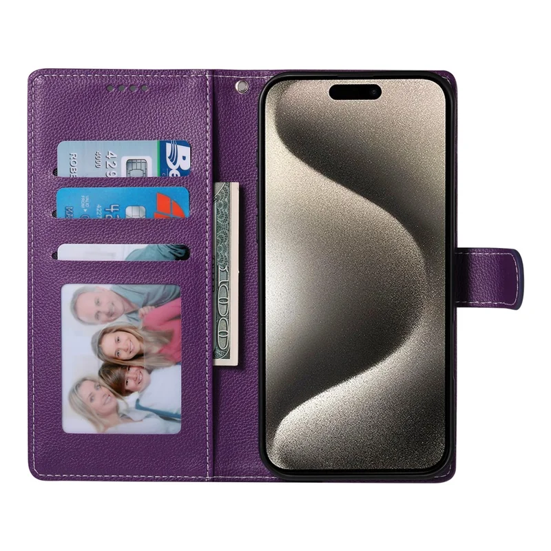 For iPhone 15 Pro Case Litchi Texture Leather Wallet Phone Cover Magnetic Snap - Purple
