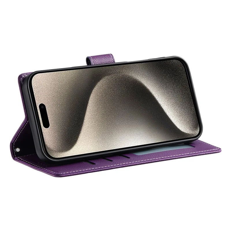 For iPhone 15 Pro Case Litchi Texture Leather Wallet Phone Cover Magnetic Snap - Purple