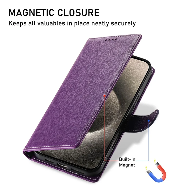 For iPhone 15 Pro Case Litchi Texture Leather Wallet Phone Cover Magnetic Snap - Purple