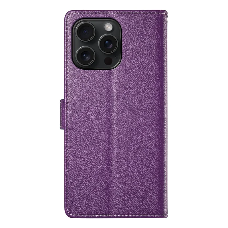 For iPhone 15 Pro Case Litchi Texture Leather Wallet Phone Cover Magnetic Snap - Purple