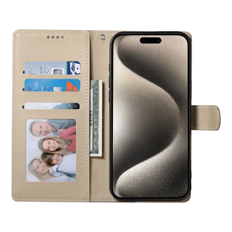 For iPhone 15 Pro Max Stand Case Litchi Texture Leather Wallet Phone Cover Magnetic Snap - Apricot