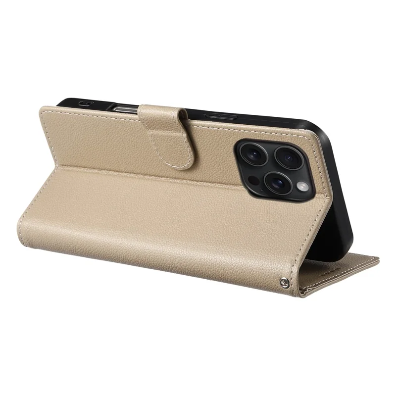 For iPhone 15 Pro Max Stand Case Litchi Texture Leather Wallet Phone Cover Magnetic Snap - Apricot