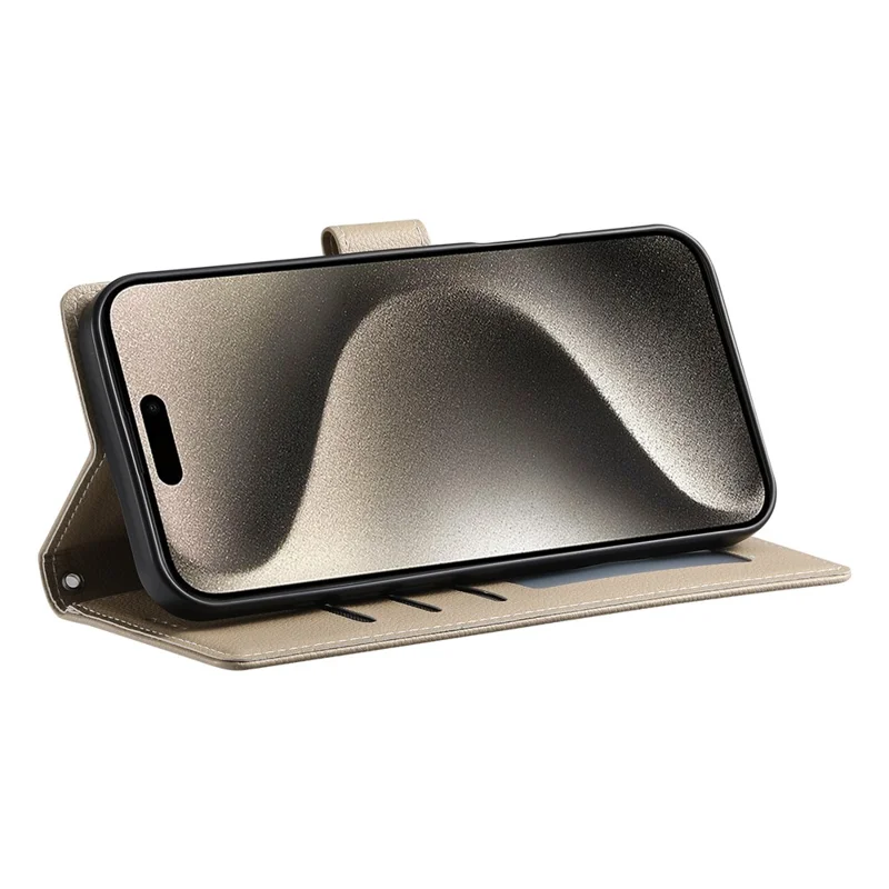 For iPhone 15 Pro Max Stand Case Litchi Texture Leather Wallet Phone Cover Magnetic Snap - Apricot