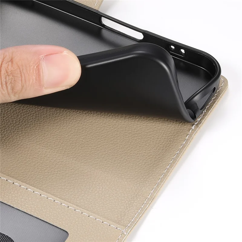 For iPhone 15 Pro Max Stand Case Litchi Texture Leather Wallet Phone Cover Magnetic Snap - Apricot