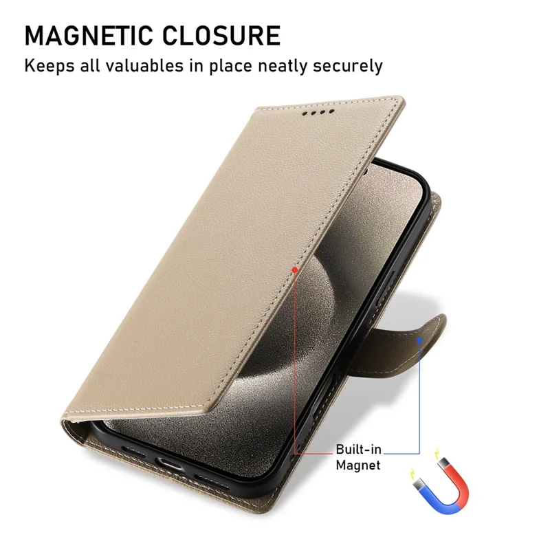 For iPhone 15 Pro Max Stand Case Litchi Texture Leather Wallet Phone Cover Magnetic Snap - Apricot