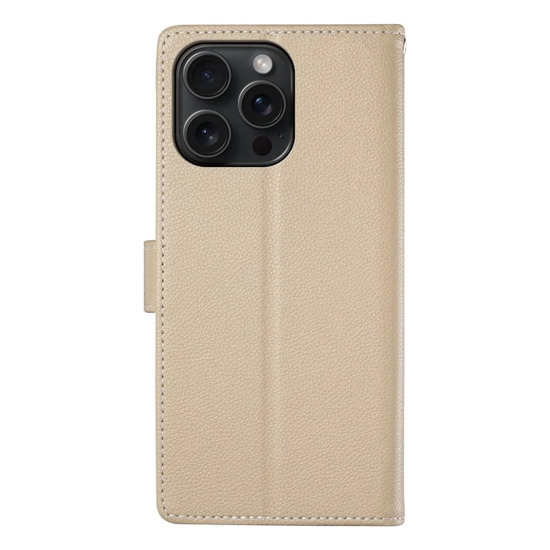 For iPhone 15 Pro Max Stand Case Litchi Texture Leather Wallet Phone Cover Magnetic Snap - Apricot