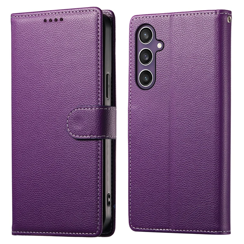 For Samsung Galaxy S25+  Case Litchi Texture Leather Wallet Phone Cover Magnetic Snap - Purple