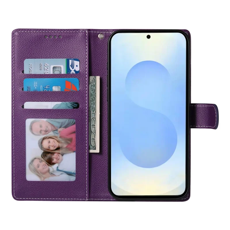 For Samsung Galaxy S25 Stand Case Litchi Texture Leather Wallet Phone Cover Magnetic Snap - Purple