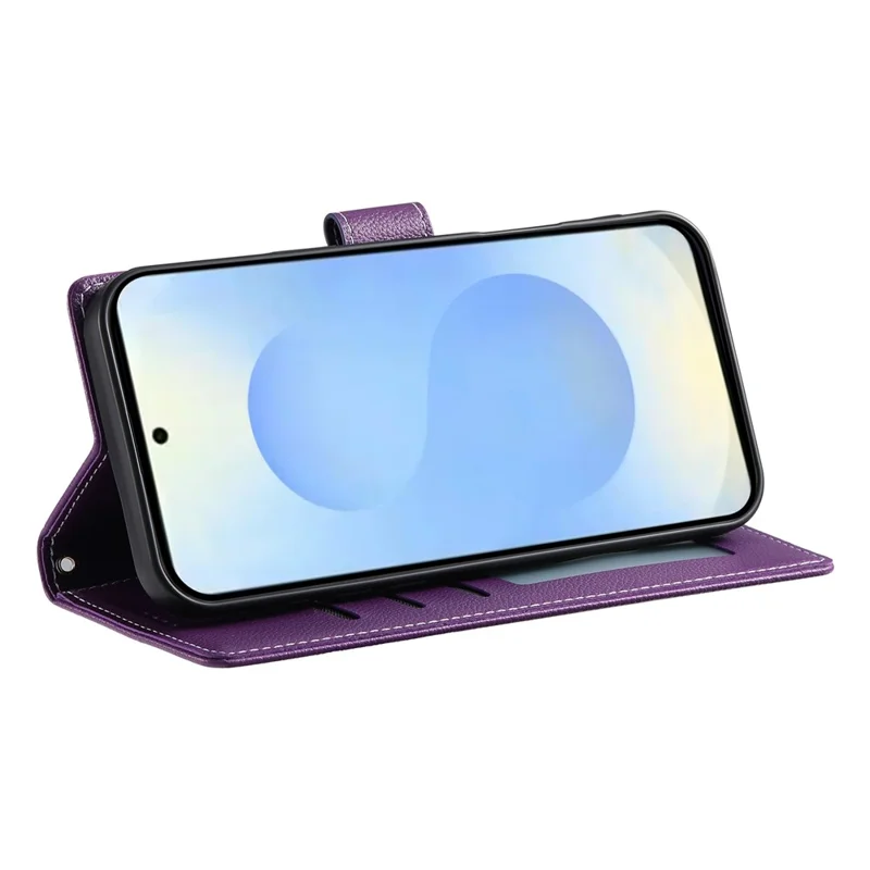 For Samsung Galaxy S25 Stand Case Litchi Texture Leather Wallet Phone Cover Magnetic Snap - Purple