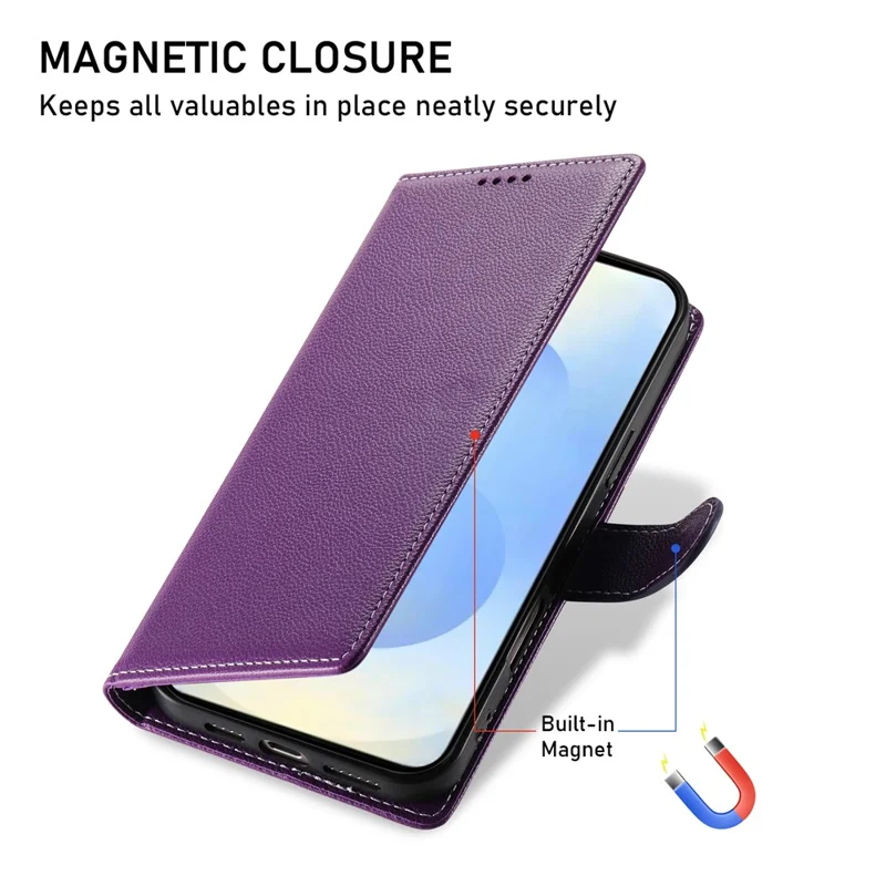 For Samsung Galaxy S25 Stand Case Litchi Texture Leather Wallet Phone Cover Magnetic Snap - Purple