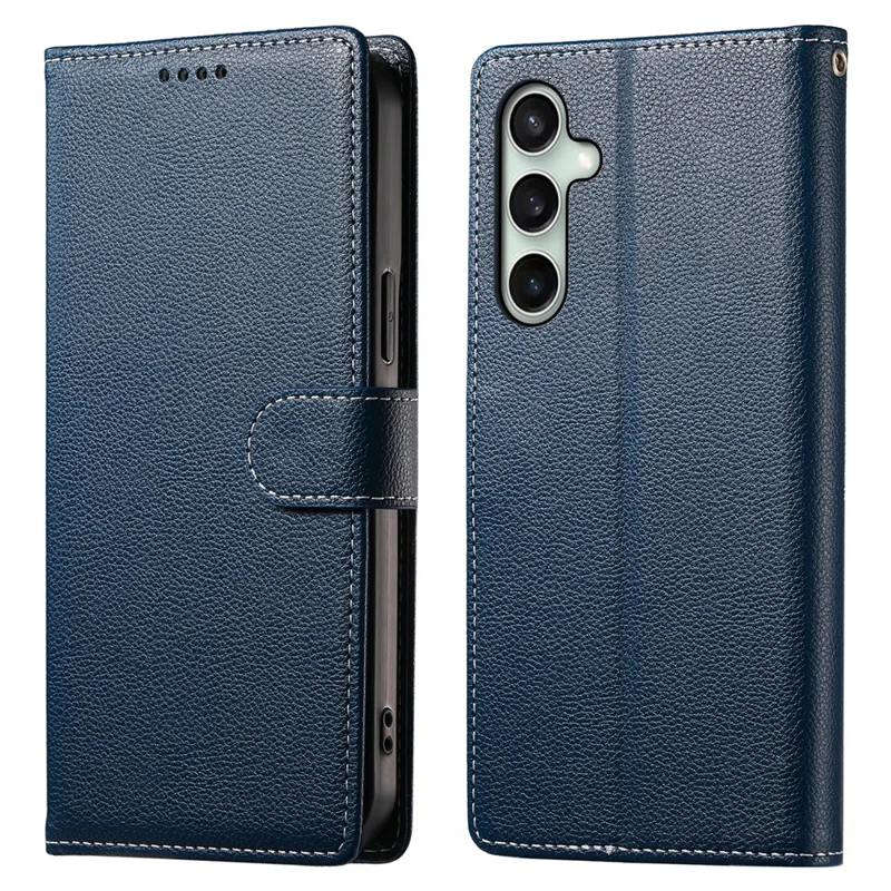 DF-012 For Samsung Galaxy S24 FE Case Litchi Texture Leather Magnetic Clasp Wallet Stand Phone Cover with Wrist Strap - Dark Blue