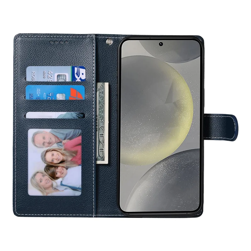 DF-012 For Samsung Galaxy S24 FE Case Litchi Texture Leather Magnetic Clasp Wallet Stand Phone Cover with Wrist Strap - Dark Blue