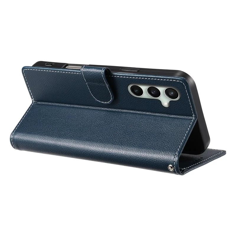 DF-012 For Samsung Galaxy S24 FE Case Litchi Texture Leather Magnetic Clasp Wallet Stand Phone Cover with Wrist Strap - Dark Blue