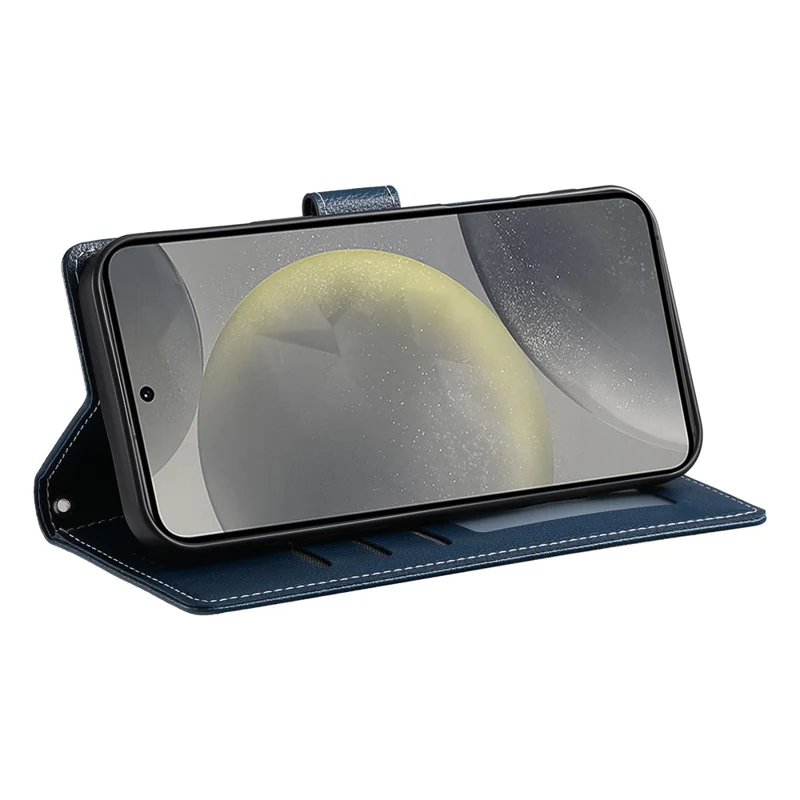 DF-012 For Samsung Galaxy S24 FE Case Litchi Texture Leather Magnetic Clasp Wallet Stand Phone Cover with Wrist Strap - Dark Blue