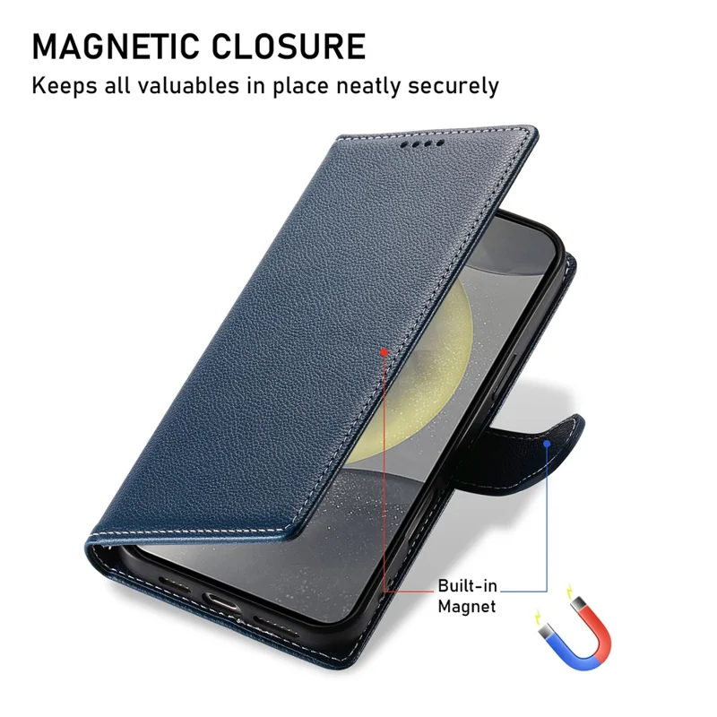 DF-012 For Samsung Galaxy S24 FE Case Litchi Texture Leather Magnetic Clasp Wallet Stand Phone Cover with Wrist Strap - Dark Blue