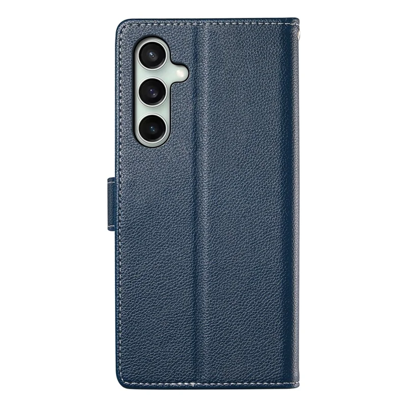 DF-012 For Samsung Galaxy S24 FE Case Litchi Texture Leather Magnetic Clasp Wallet Stand Phone Cover with Wrist Strap - Dark Blue