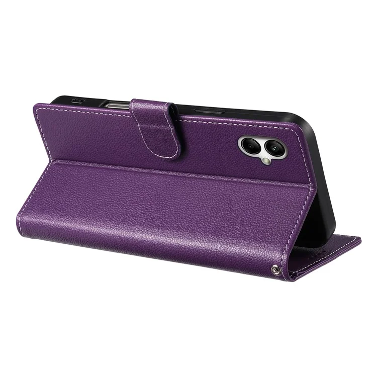 For Samsung Galaxy A06 4G Case Litchi Texture Leather Magnetic Clasp Wallet Stand Phone Cover with Wrist Strap - Purple