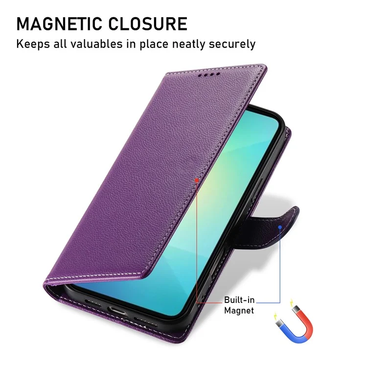 For Samsung Galaxy A06 4G Case Litchi Texture Leather Magnetic Clasp Wallet Stand Phone Cover with Wrist Strap - Purple