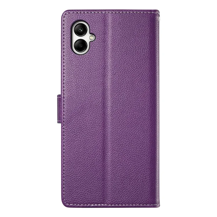 For Samsung Galaxy A06 4G Case Litchi Texture Leather Magnetic Clasp Wallet Stand Phone Cover with Wrist Strap - Purple