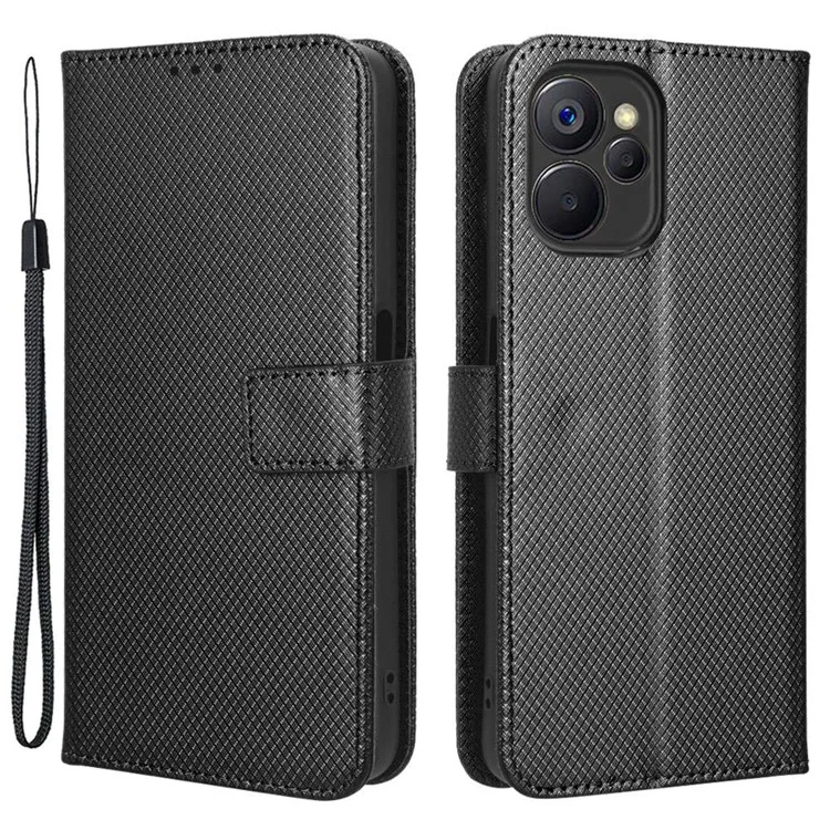 Cubierta Telefónica Anti-scratch Para Realme 9i 5G, Textura Del Teléfono Anti-fall Textura de Diamond PU Case de Cuero de Cuero - Negro