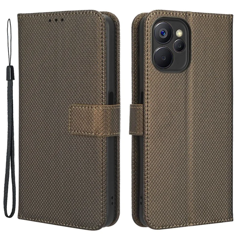 Anti-scratch Phone Cover For Realme 9i 5G / 10 5G / 10T 5G Anti-fall Phone Shell Diamond Texture PU Leather Wallet Case Stand - Brown