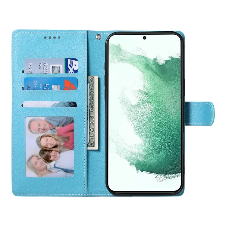 DF-012 Étui pour Samsung Galaxy A25 5G (Global) (161,0 x 76,5 x 8,3 mm) Texture de litchi Portefeuille en cuir Support Housse de téléphone - Bleu ciel