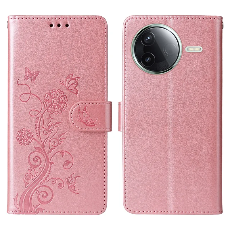 Til Xiaomi Poco F7 Pro 5G / Redmi K80 5G Etui med Butterfly Floral Print, Wallet, Stå og Læder - Pink