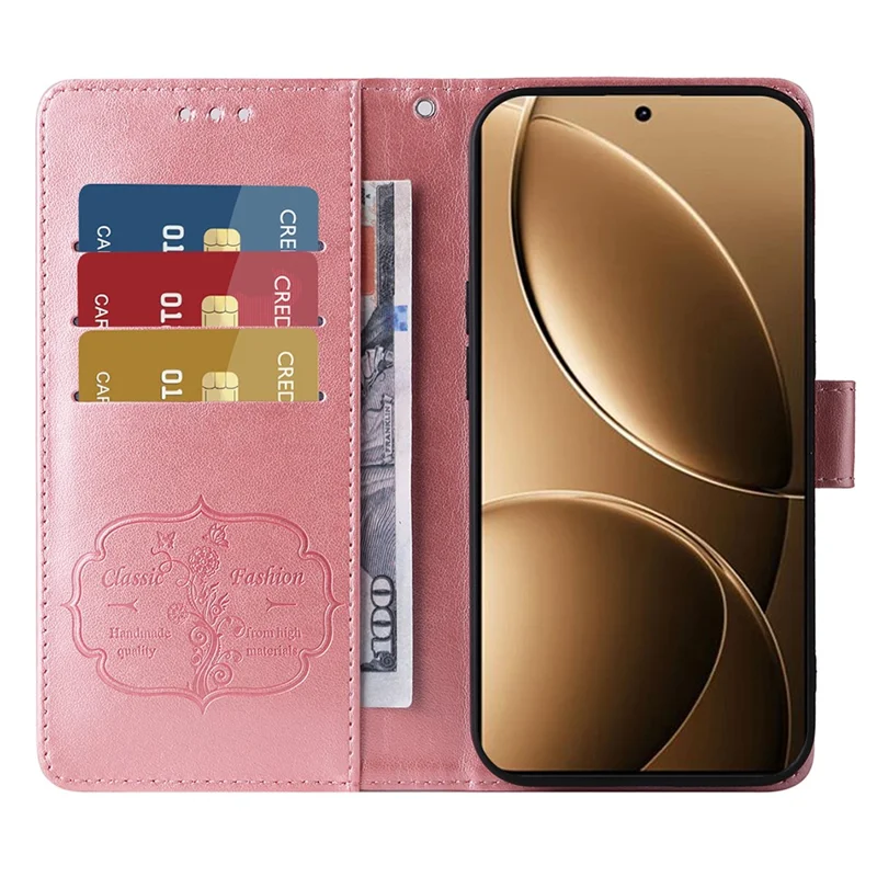 Til Xiaomi Poco F7 Pro 5G / Redmi K80 5G Etui med Butterfly Floral Print, Wallet, Stå og Læder - Pink