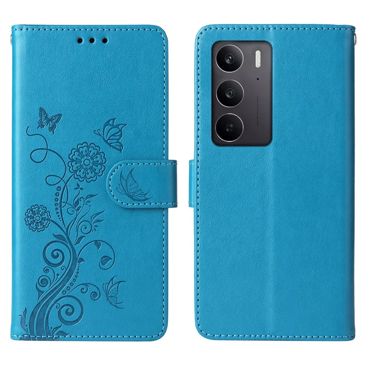 Étui portefeuille en cuir avec support et impression papillon floral pour Realme C75 / 14x 5G - Bleu