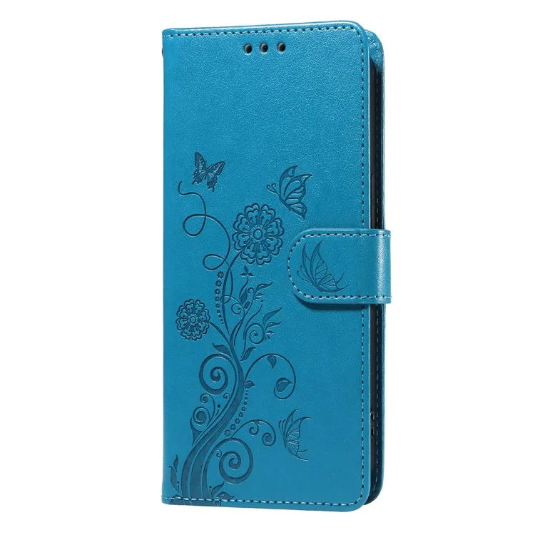Étui portefeuille en cuir avec support et impression papillon floral pour Realme C75 / 14x 5G - Bleu