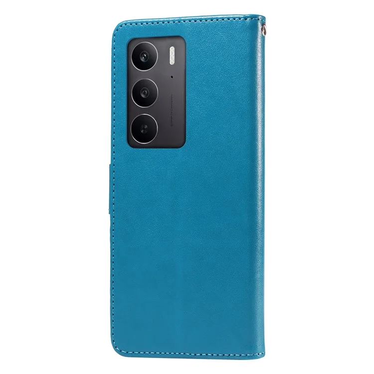 Étui portefeuille en cuir avec support et impression papillon floral pour Realme C75 / 14x 5G - Bleu
