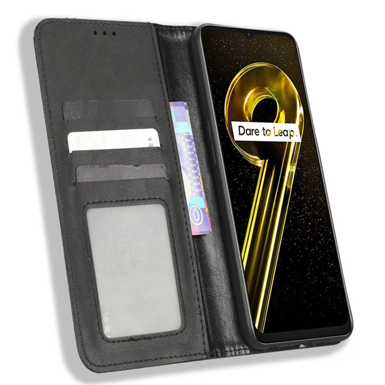 PU Leather Phone Case For Realme 9i 5G / 10 5G / 10T 5G Retro Texture Imprinted Pattern Magnetic Auto-absorbed Phone Stand Anti-scratch Wallet Cover - Black
