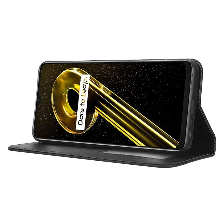 PU Leather Phone Case For Realme 9i 5G / 10 5G / 10T 5G Retro Texture Imprinted Pattern Magnetic Auto-absorbed Phone Stand Anti-scratch Wallet Cover - Black