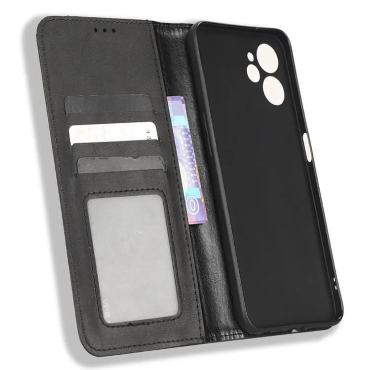 PU Leather Phone Case For Realme 9i 5G / 10 5G / 10T 5G Retro Texture Imprinted Pattern Magnetic Auto-absorbed Phone Stand Anti-scratch Wallet Cover - Black