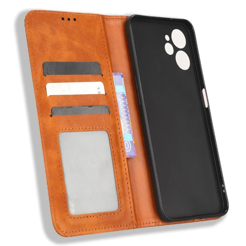 Чехол из искусственной кожи для Realme 9i 5G / 10 5G / 10T 5G, ретро текстура, тисненый узор, магнитное авто-прилипание, подставка, антицарапинный, с отделением для карт - Коричневый