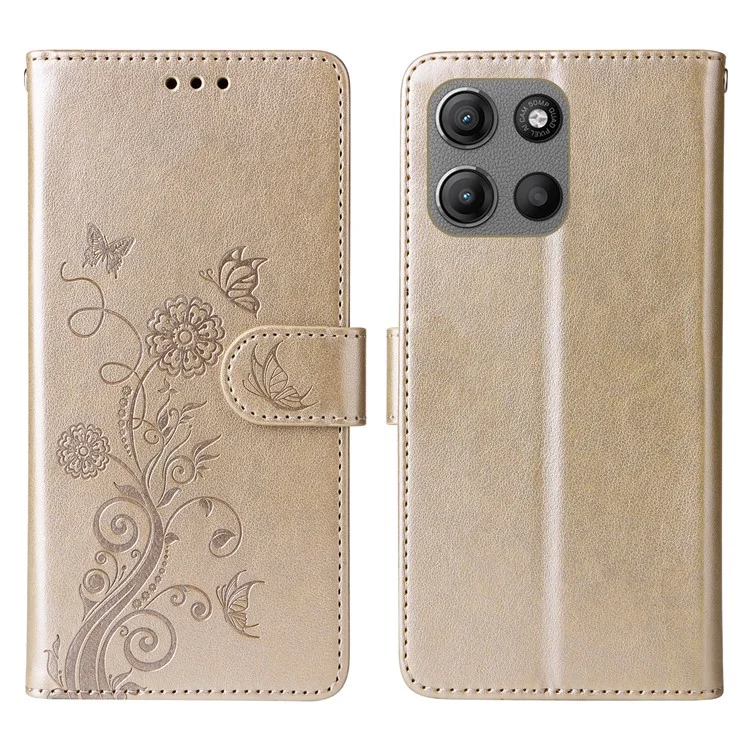 Hülle für Motorola Moto G15 4G / G15 Power 4G mit Schmetterlings- und Blumenprägung, Geldbörse, Ledertelefon-Cover - Gold