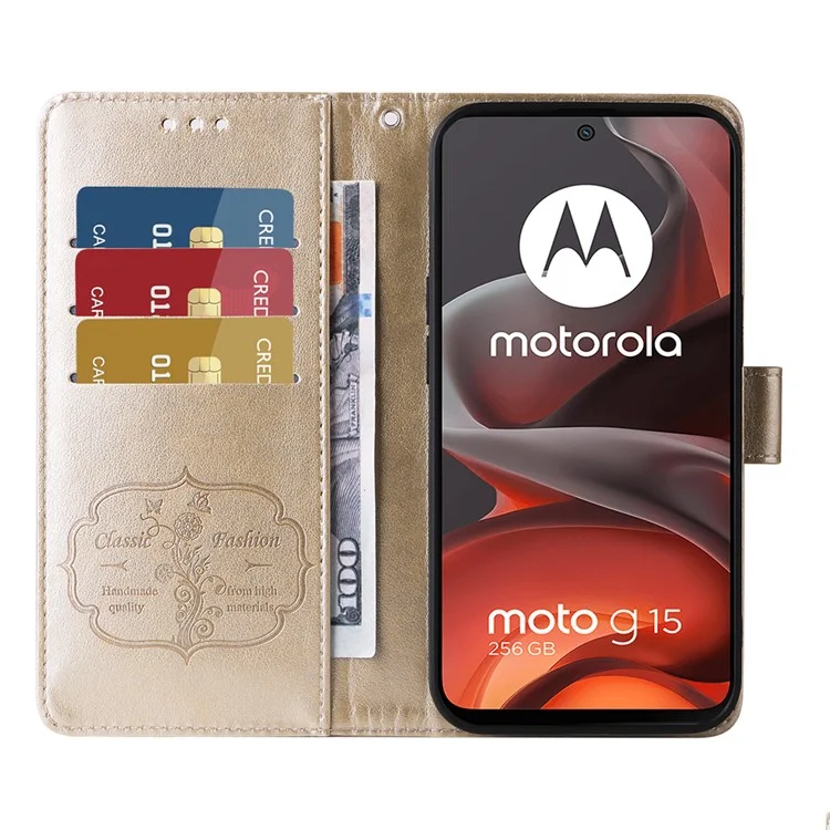 Hülle für Motorola Moto G15 4G / G15 Power 4G mit Schmetterlings- und Blumenprägung, Geldbörse, Ledertelefon-Cover - Gold