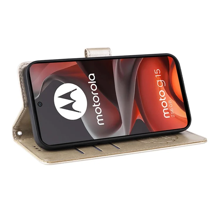 Hülle für Motorola Moto G15 4G / G15 Power 4G mit Schmetterlings- und Blumenprägung, Geldbörse, Ledertelefon-Cover - Gold