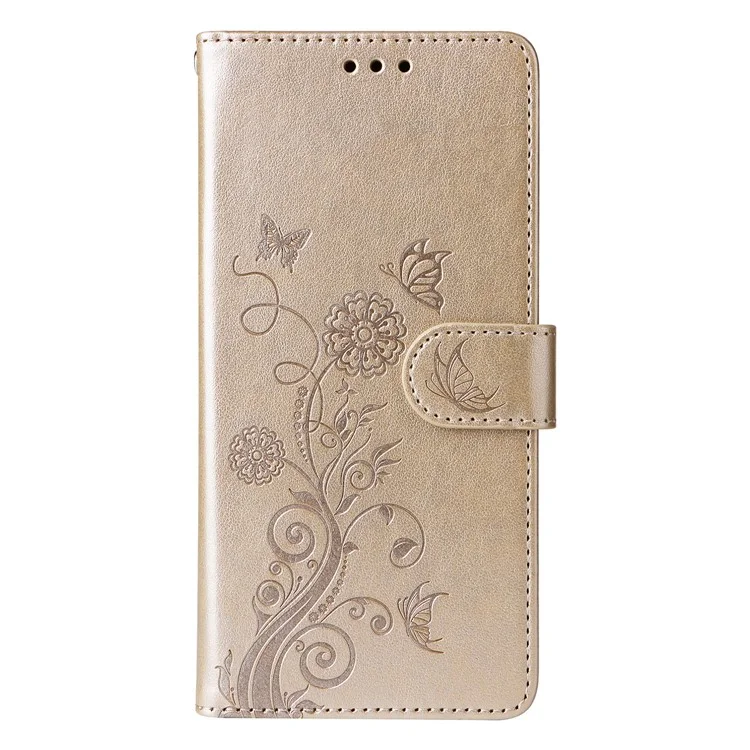 Hülle für Motorola Moto G15 4G / G15 Power 4G mit Schmetterlings- und Blumenprägung, Geldbörse, Ledertelefon-Cover - Gold