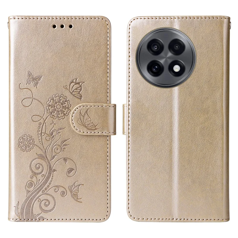Custodia in Pelle per OnePlus 13R 5G / Ace 5 5G / Ace 5 Pro 5G con Farfalle e Fiori Impressi, Porta Carte e Supporto - Oro