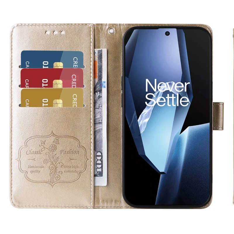 Custodia in Pelle per OnePlus 13R 5G / Ace 5 5G / Ace 5 Pro 5G con Farfalle e Fiori Impressi, Porta Carte e Supporto - Oro