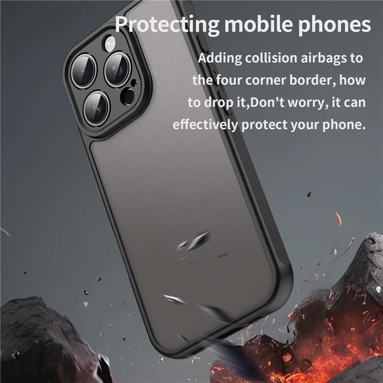 For iPhone 16 Pro Phone Case Drop Proof Airbags Frosted Translucent PC + TPU Back Cover - Black