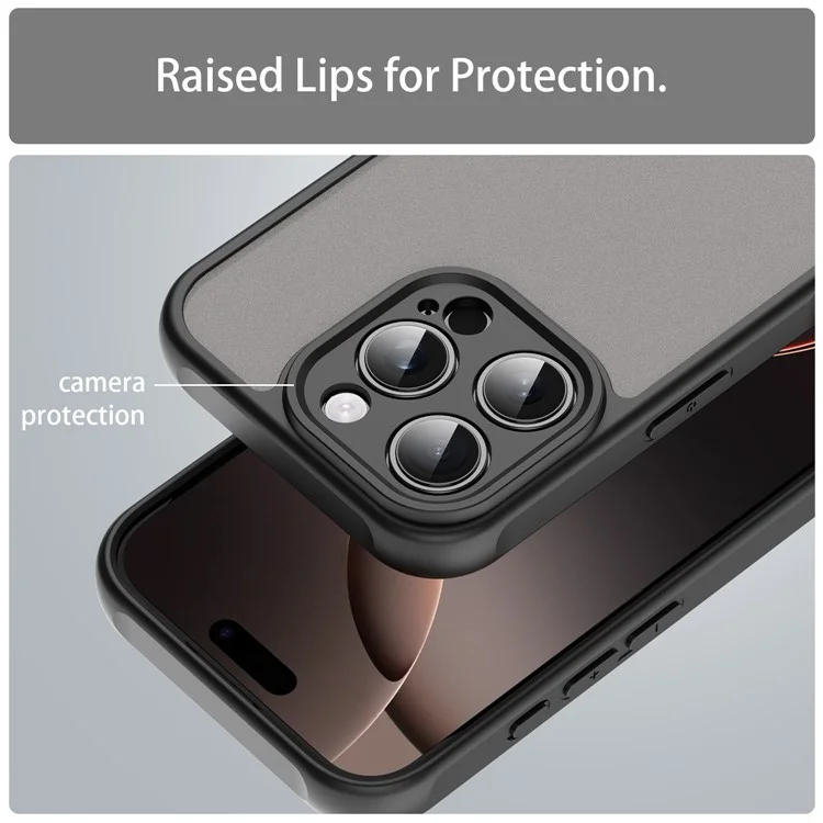 For iPhone 16 Pro Phone Case Drop Proof Airbags Frosted Translucent PC + TPU Back Cover - Black